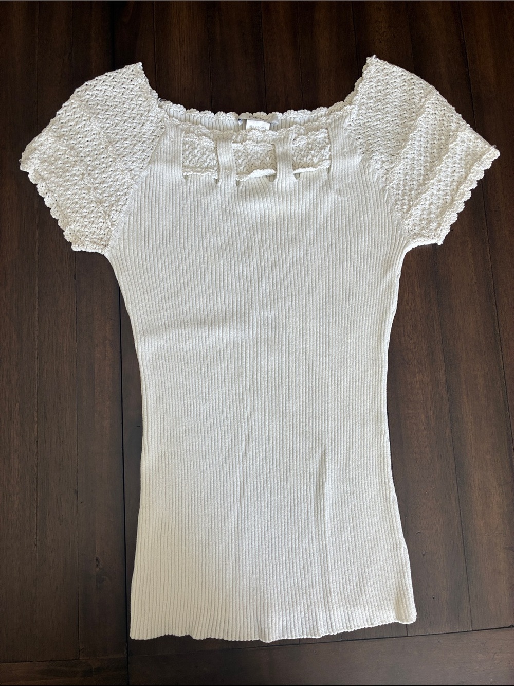 Cache White Ribbed Square-Neck Top with Lace Short Sleeves